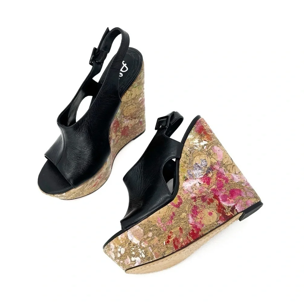 Alice + Olivia Sonia Platform Wedge Heels Black Leather Euro Size 37 = US 7 EUC
